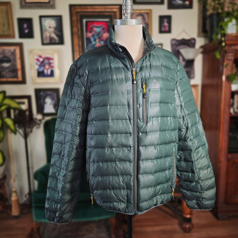 Gerry Mens Puffer Jacket Green 650 Fill Power Down Quilted Full Zip Coat Large